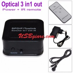 Bộ gộp Optical 3 in 1 out có nguồn + IR remote (Optical audio switch)