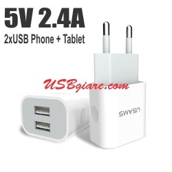 Cóc sạc 5V 2.4A 2 cổng USB sạc Điện thoại và Máy tính bảng Usams US-CC023